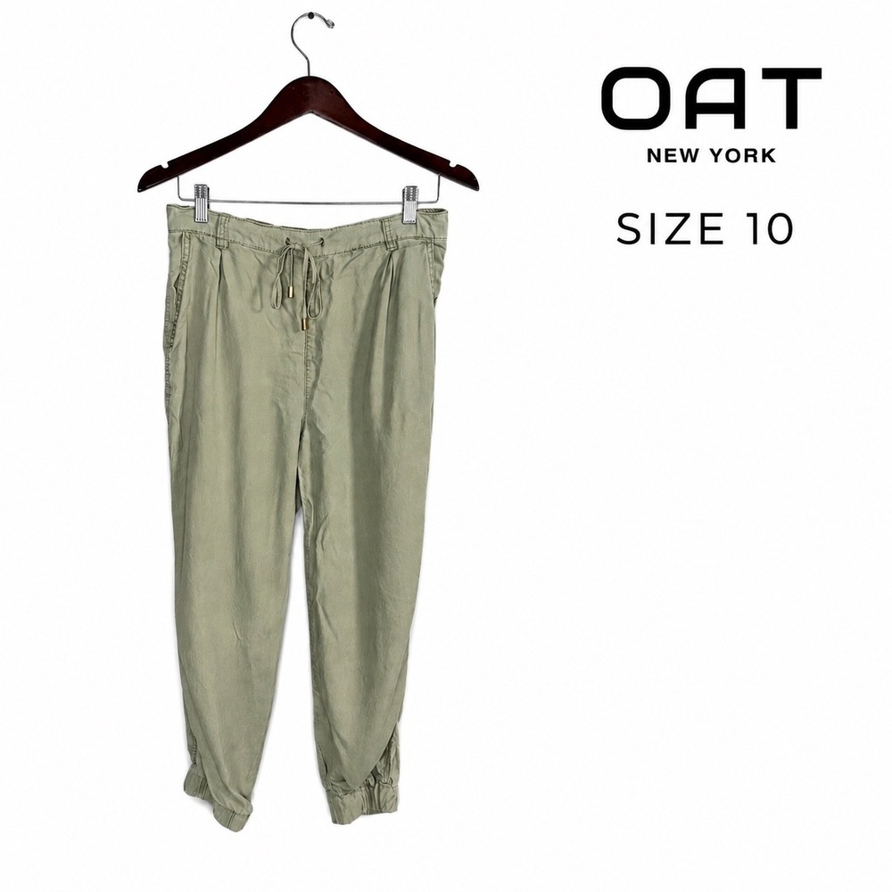 OAT New York Lyocell Jogger Pants Womens 10 Sage Green Drawstring Tapered Ankle